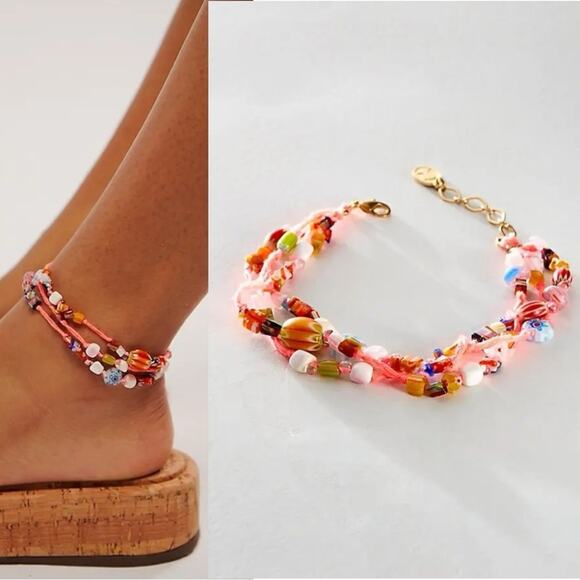 Free People Jewelry - Free People Ariana Ost Marathon Anklet in Neon Pop Pink NWT Beaded Layered Glass